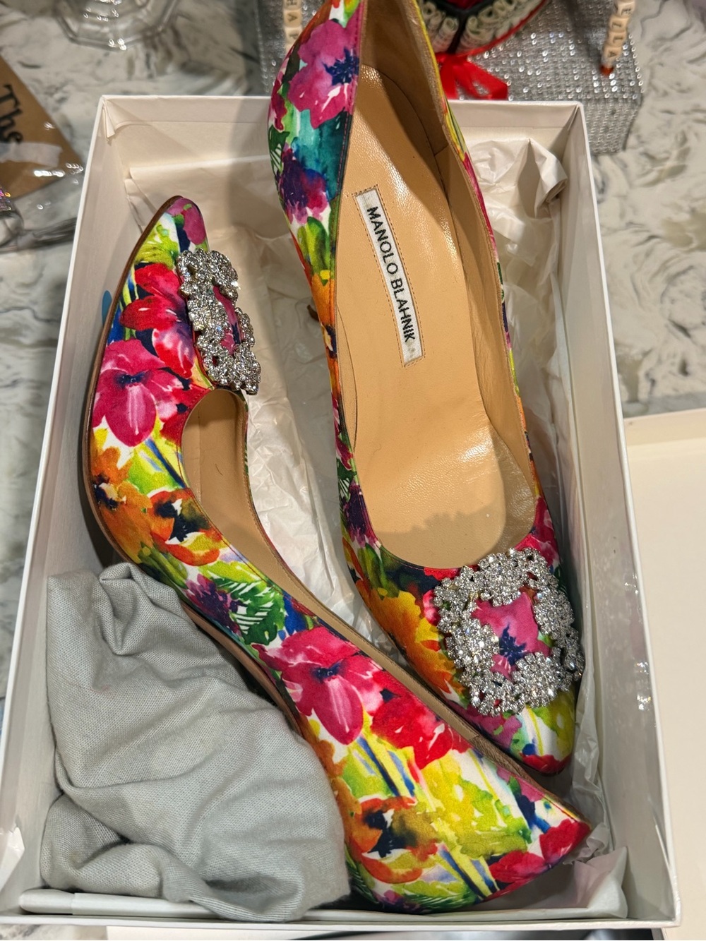 Manolo Blahnik Floral Multicolor Satin Pointed Toe Pumps with Crystal Buckle - Picture 5 of 6
